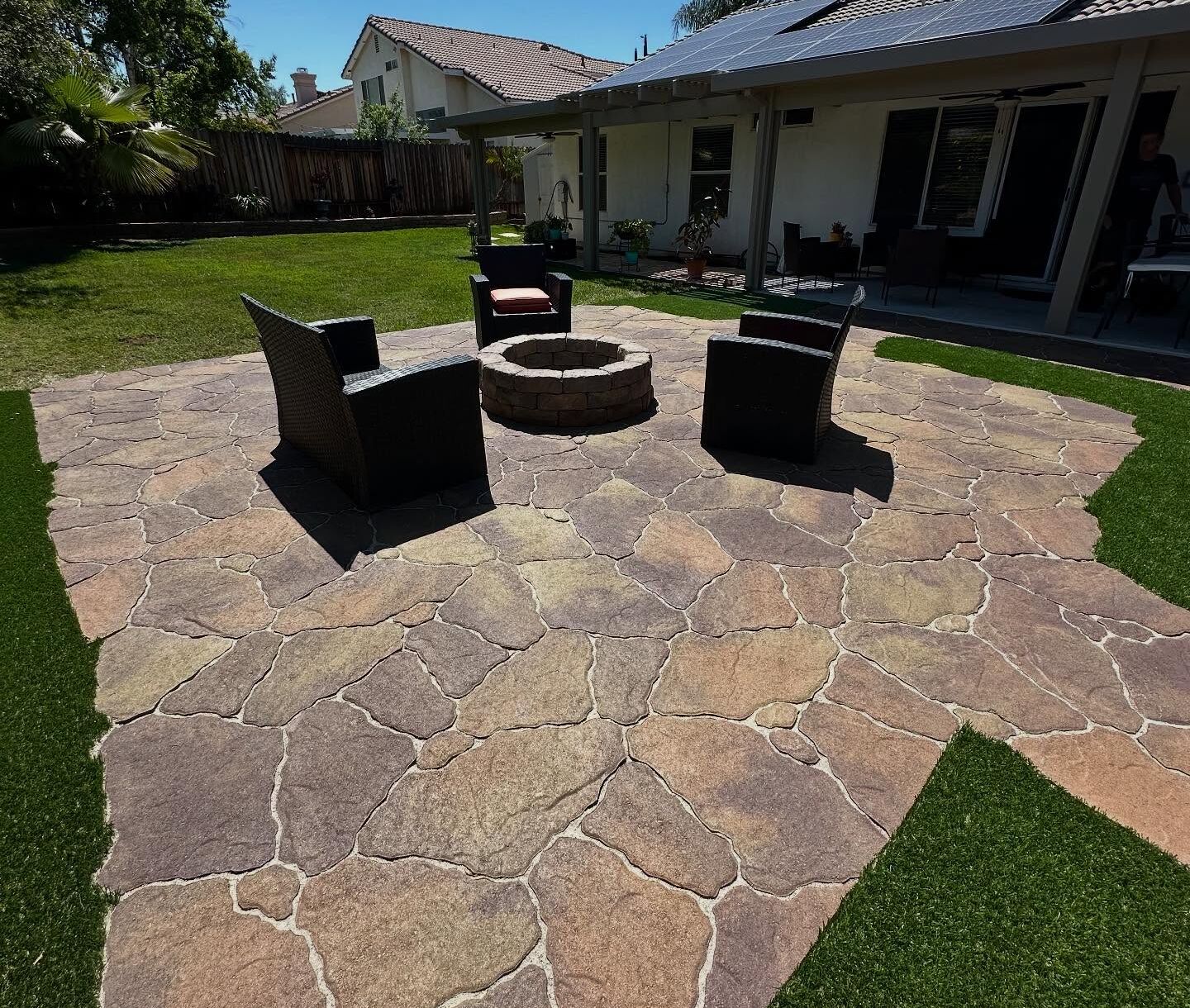 Flagstone Pavers and Emerald Ridge Backyard Installation Yucaipa, Patio Pavers, Elevated Outdoor Living, San Dimas Artificial Grass